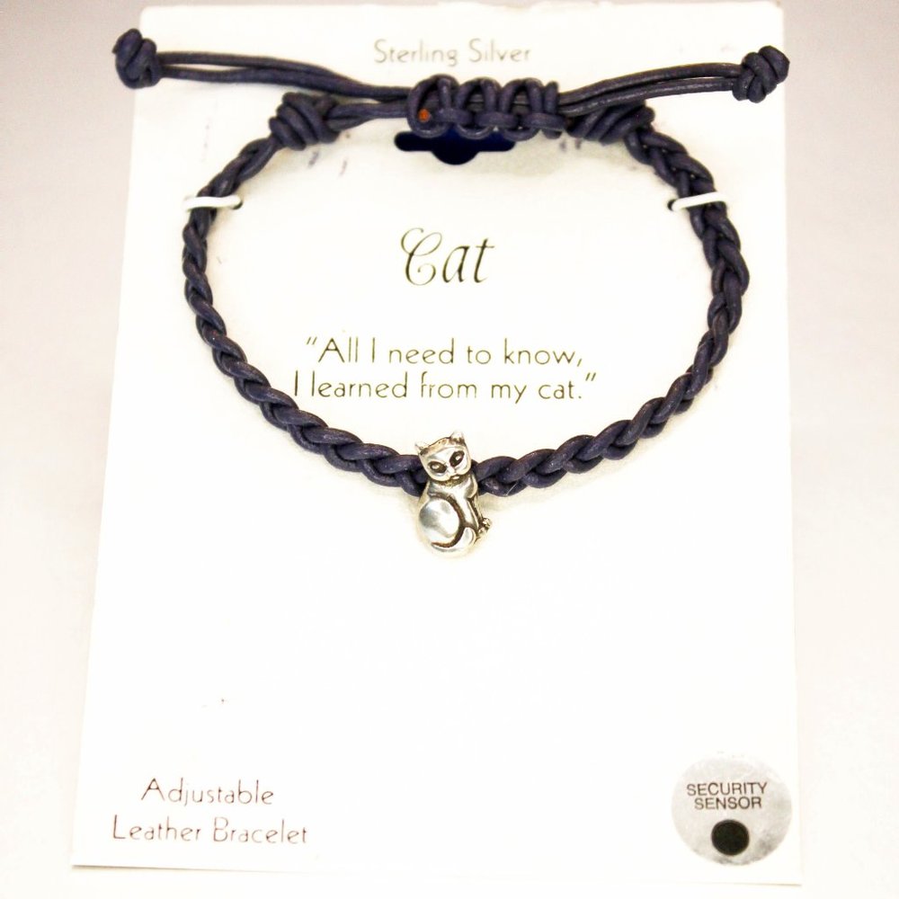 Leather Bracelet with 925 Sterling Silver Cat Charm